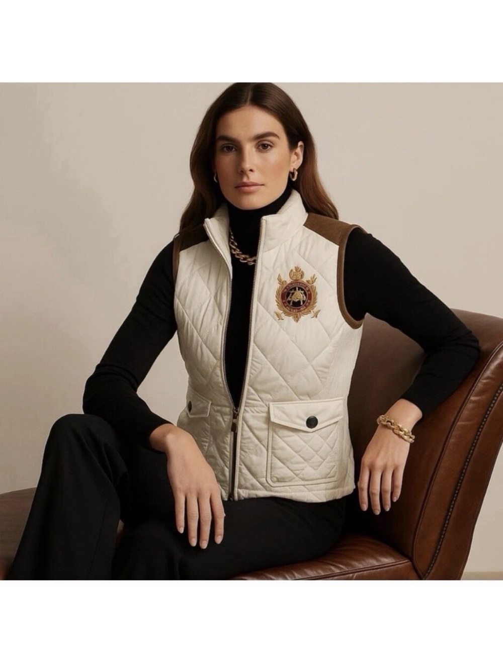 Ralph Lauren Cream Quilted Vest with Brown Trim and Embroidered Crest Sz small